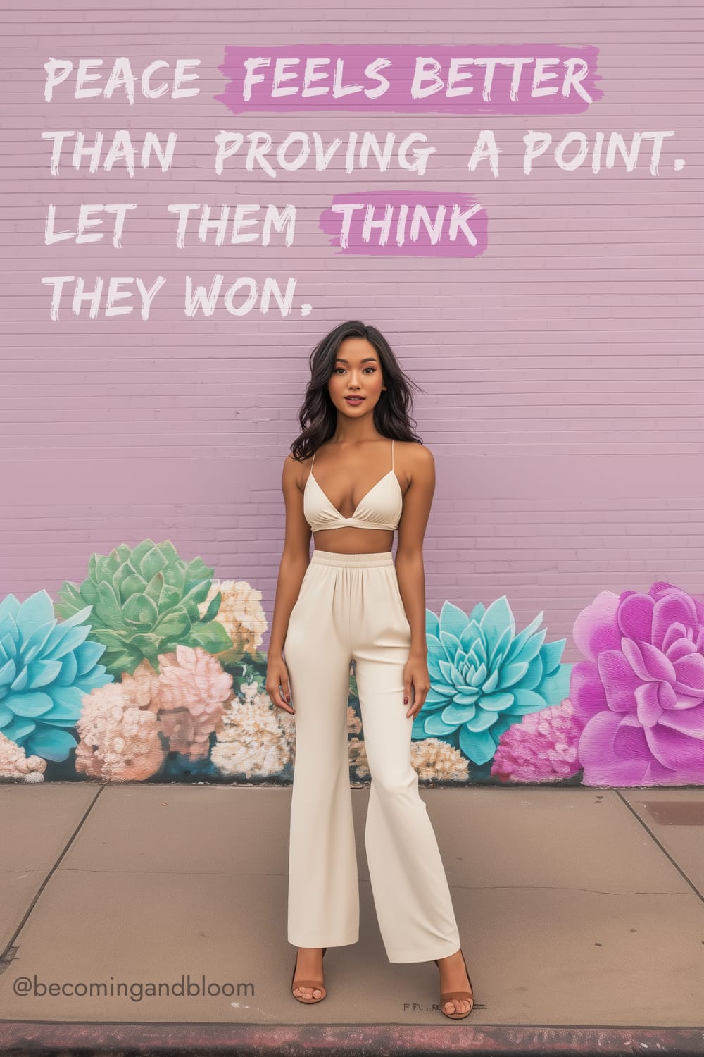 A person in a cream outfit stands before a colorful mural of succulent plants. The text reads, Peace feels better than proving a point. Embrace personal growth and let them think they won.