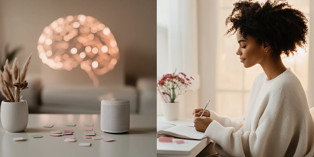A split-screen visual connecting neuroscience and mindfulness practice. The left side features a glowing neural network light installation shaped like a brain, with a smart speaker and colorful affirmation notes below. The right shows a woman with natural curly hair in a white sweater writing affirmations in a journal beside delicate flowers, illustrating the gentle science of positive thought patterns.