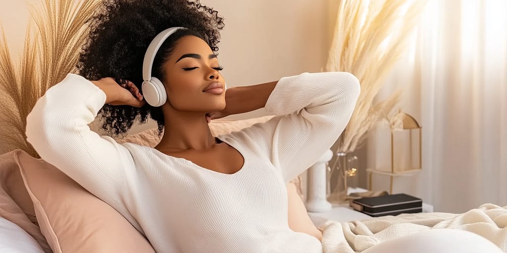 A woman with curly hair relaxes in a serene bedroom wearing white headphones and a ribbed sweater. Her eyes are closed in peaceful meditation while listening to affirmations or guided visualization. Pampas grass decorates the neutral-toned space, and a journal waits on the nightstand. This image perfectly captures the mindful consumption of positive audio content for personal growth and neuroplasticity development.