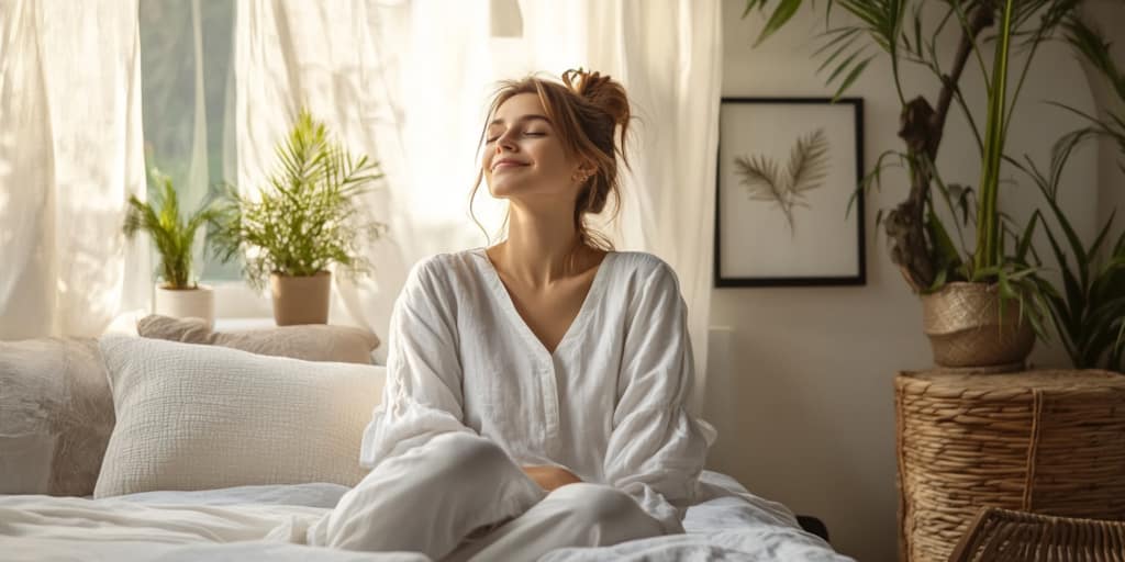 A young woman in white pajamas sits on a cozy bed, eyes closed and smiling peacefully. Sunlight streams through the window, illuminating lush green plants and soft decor as she embraces self-growth with morning affirmations.