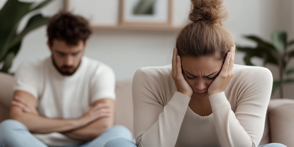 A woman, deep in emotional recovery, holds her head in her hands and sits on a couch, looking distressed.