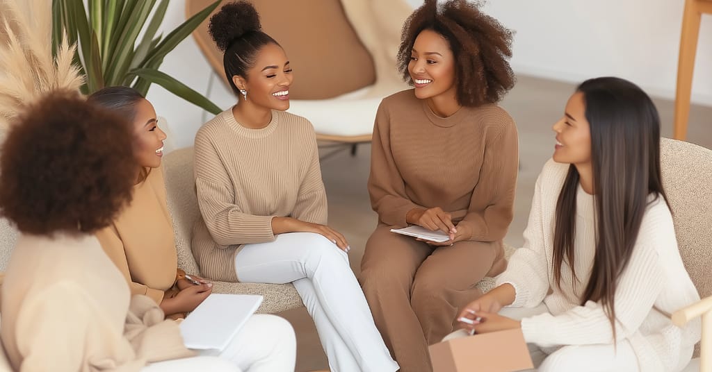 A group of four women sitting in a circle indoors, engaged in conversation. They are smiling and holding notepads, dressed in coordinating neutral-toned outfits. Plants and soft furnishings are in the background, creating a cozy atmosphere.