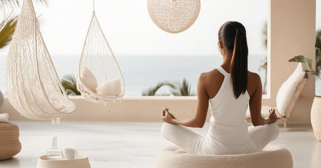 A woman in a white outfit sits cross-legged, meditating on a cushion in a serene, airy room with ocean views. Hanging chairs and soft lighting decorate the space, creating a calm and peaceful atmosphere.