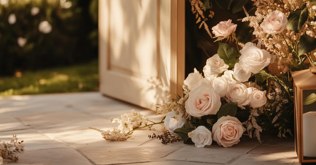 A soft, sunlit scene showcasing a bouquet of light pink and white roses mixed with delicate greenery, spilling elegantly onto a sun-dappled stone floor by an open door. This snapshot of blooming beauty hints at an empowered sense of becoming. A lantern is partially visible on the right.