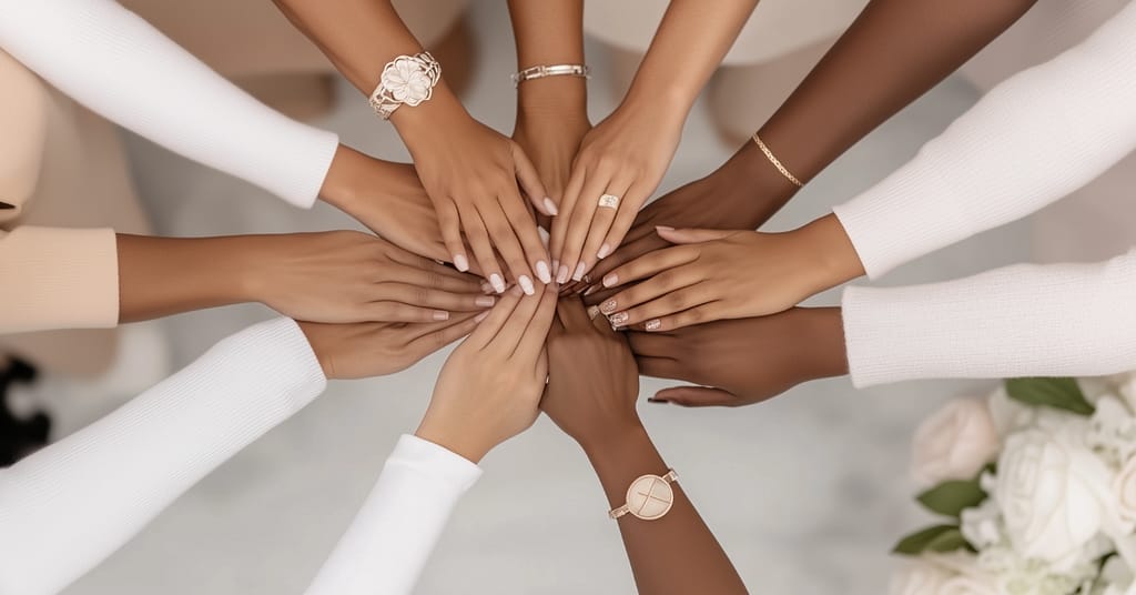 A circle of diverse hands, each wearing different jewelry and watches, joining together in a sign of unity and teamwork. The background is blurred, emphasizing the hands.