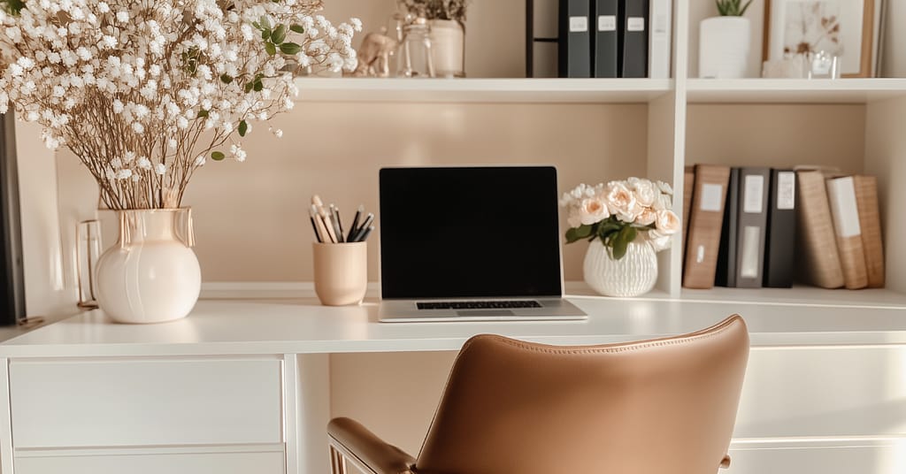 A neatly arranged desk with a laptop in the center, flanked by a vase of white flowers on the left and a bouquet of peach roses on the right. Shelves with books and folders are in the background. A brown chair is positioned in front.