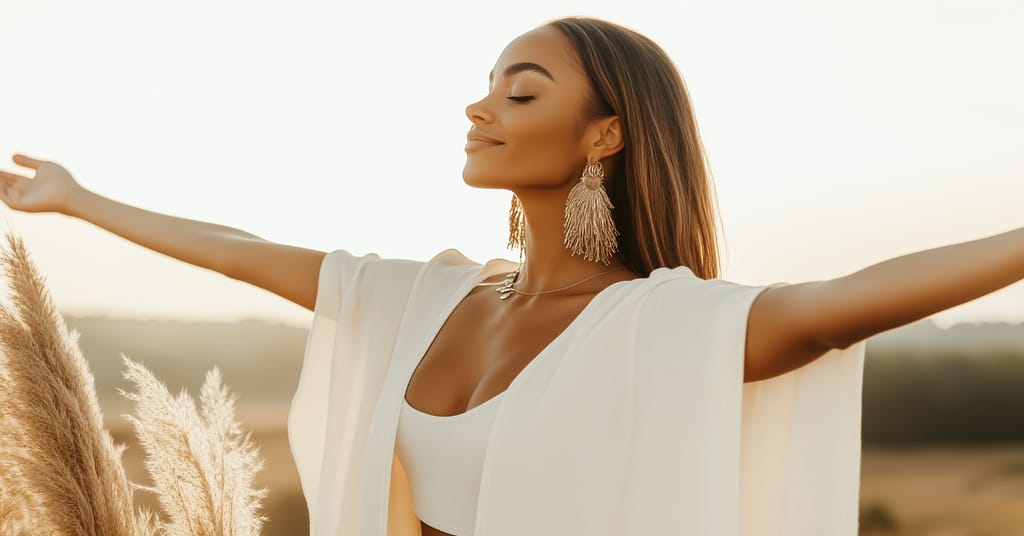 Woman standing outdoors with arms outstretched, eyes closed, enjoying the sunlight. Wearing a white top and tasseled earrings, surrounded by tall grass. The background is softly blurred with warm tones.