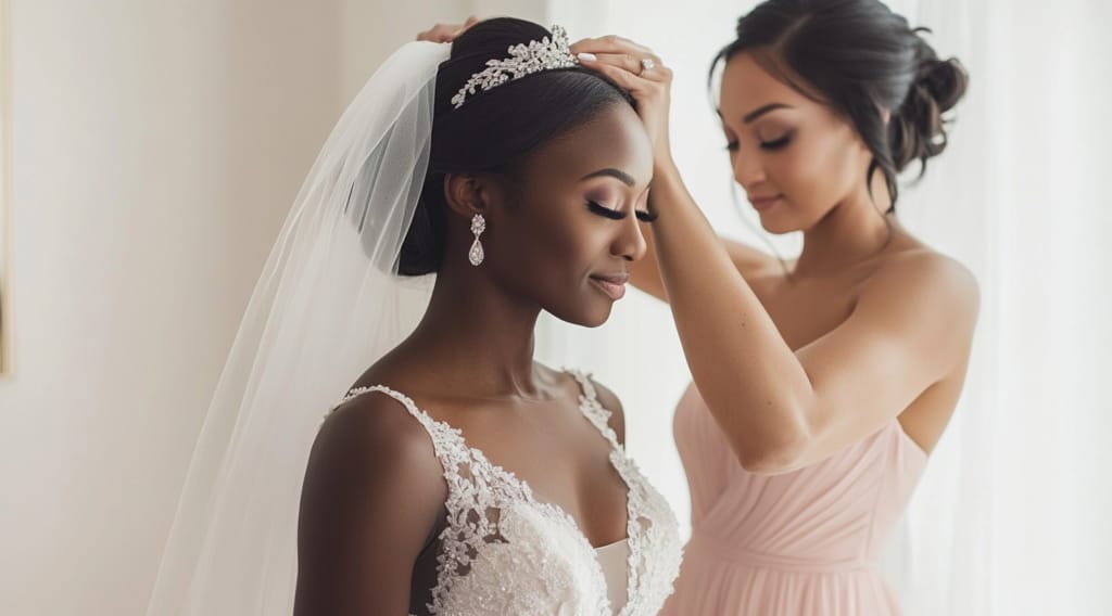 A bride in a lace wedding dress and veil stands with eyes closed as a bridesmaid in a blush gown—showing unforgettable bridesmaid qualities—adjusts her tiara. Soft natural light fills the elegant, serene room.