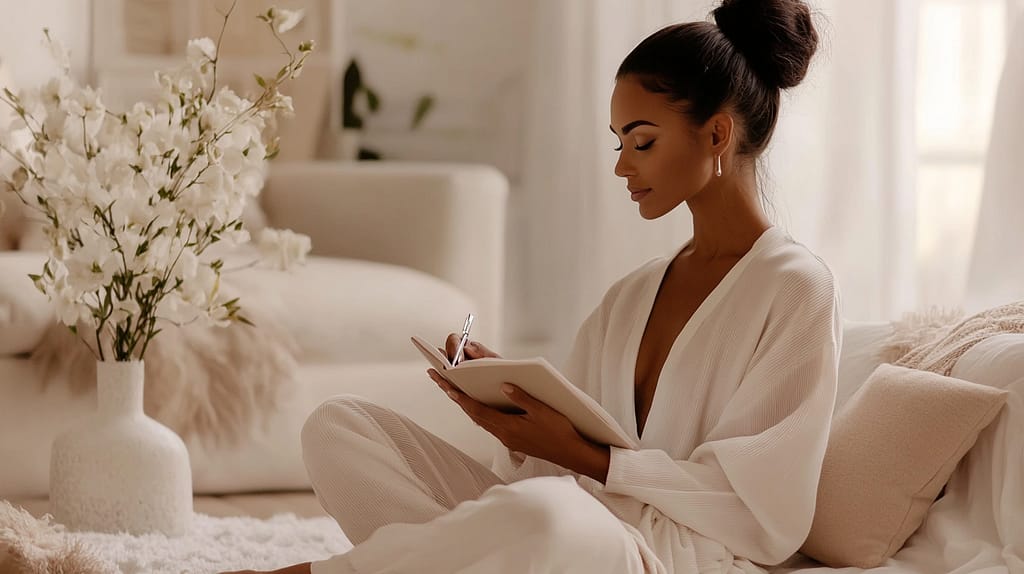 A woman with her hair in a sleek bun sits peacefully on a white couch, writing in a journal. She wears an elegant white ribbed loungewear set in a bright, minimalist living space adorned with white flowers in a textured vase. The serene setting embodies mindfulness, self-care, and modern wellness practices with its calming neutral palette and thoughtful design elements.