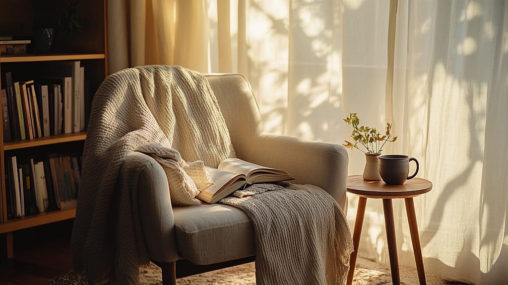 Cozy reading corner with light gray armchair, textured throw blanket, open book, and wooden side table next to window with sheer curtains and bookshelf in background.