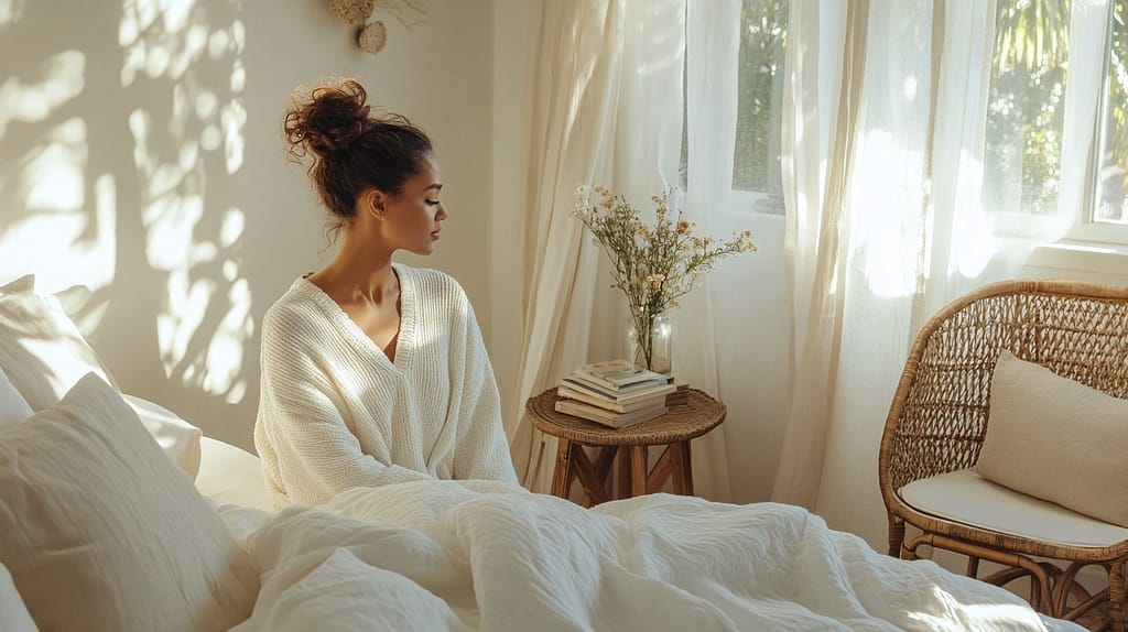 Woman in white sweater sitting on white bed with natural light filtering through sheer curtains, rattan side table with stacked books and dried flowers nearby, embodying slow living principles.
