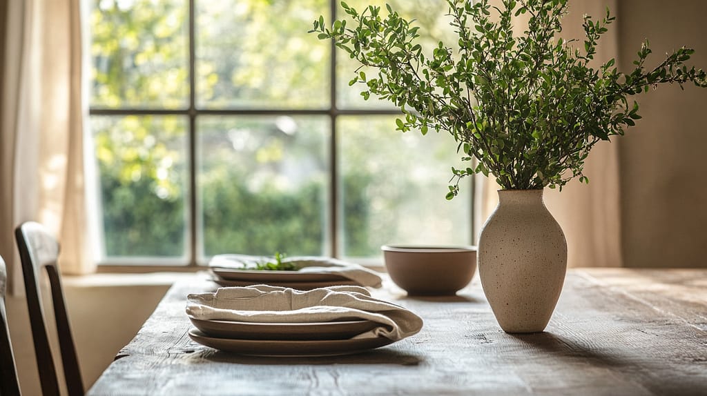 Simple rustic wooden dining table set with neutral ceramic plates, linen napkins and ceramic vase of fresh greenery, bathed in natural light from large windows.