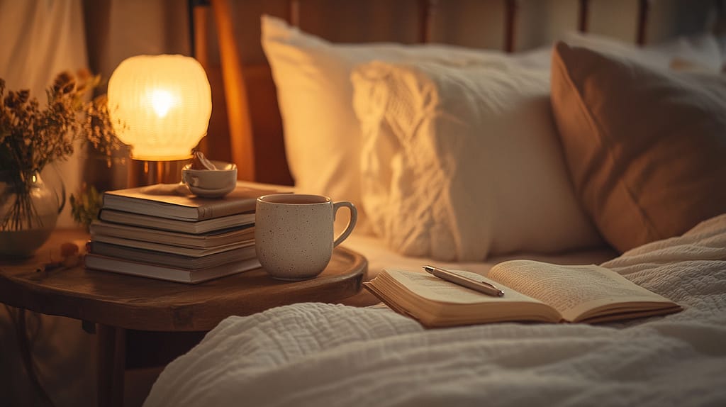 Evening ritual space of a warm bedside scene with glowing lamp, stacked books, ceramic mug on wooden table, and open book with pen on textured white bedding.