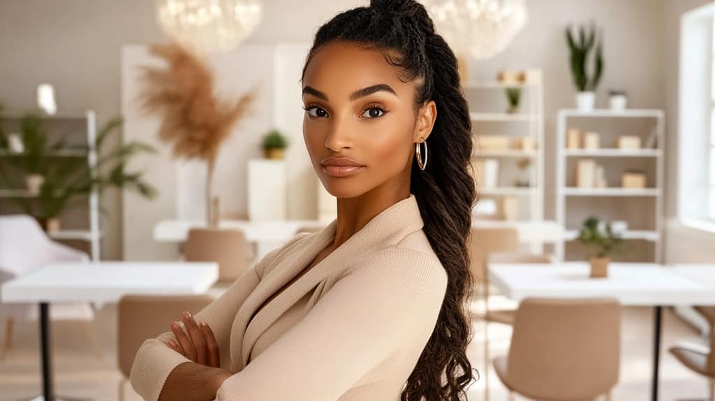 A woman stands confidently with arms crossed in an elegant, modern office space. She wears a beige blazer and hoop earrings. The background features shelves with decor items and soft lighting.