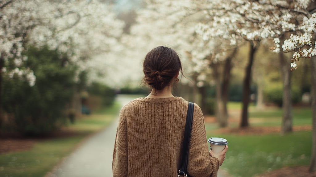 A person with dark hair in a bun walks down a path lined with blooming trees, holding a coffee cup. Wearing a brown sweater and carrying a black shoulder bag, they embody the gentle art of romanticizing your life in this serene, spring-like scene.
