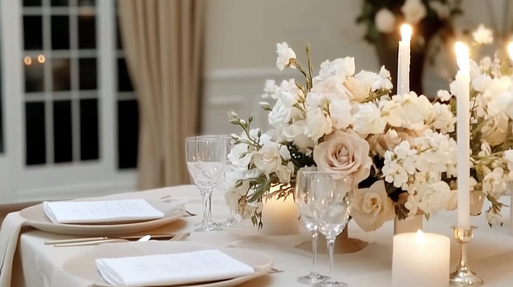 Elegant table setting with two place settings featuring white plates, crystal glasses, and gold cutlery. Romanticize your life with a lush floral arrangement centered on the table, flanked by tall, lit white candles. Soft drapes and flowers create a dreamlike background.