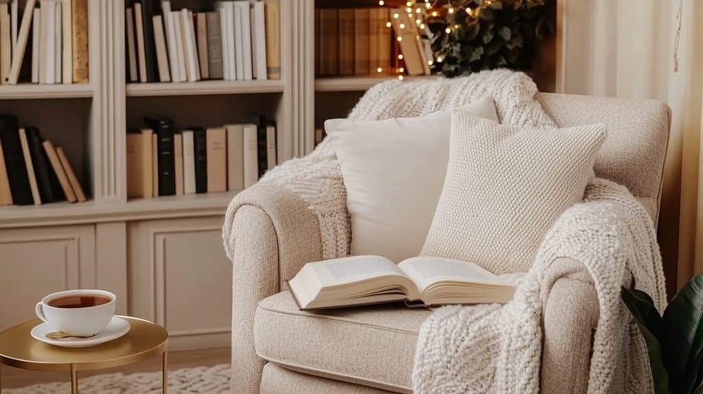 A cozy reading nook with a beige armchair adorned with a soft knitted throw and pillows. An open book lies on the chair. A small table holding a cup of tea is nearby. Bookshelves and warm fairy lights are in the background.