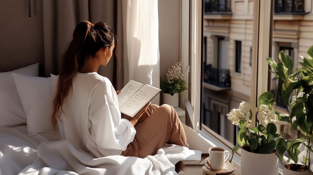 A woman with long hair sits on a bed by a sunny window, engaged in sophisticated self-care as she reads a book. She wears a white sweater and peach pants. A cup of coffee and a small plant sit on the windowsill, beyond which a building with balconies is visible.