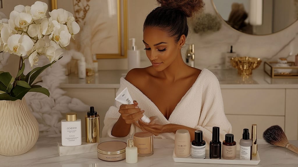 A woman in a white robe sits at a marble vanity, indulging in self-care as she applies lotion to her hand. Various skincare products and a vase of white orchids adorn the counter. A round mirror and gold accents enhance the sophisticated atmosphere.