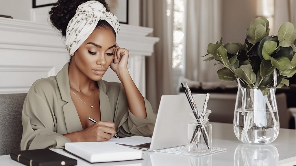 A woman with a head wrap works at a laptop in her stylish home office, embodying sophisticated self-care. As she writes in a notebook, surrounded by a pen holder and a vase with green leaves, the bright setting reflects neutral tones and elegant decor.