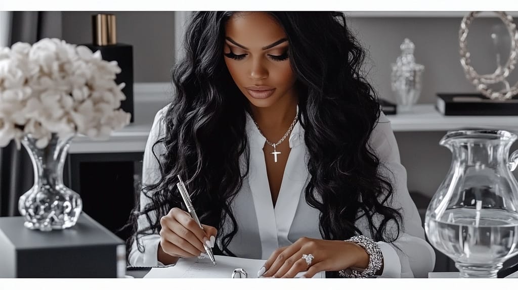 A woman with long dark hair, embodying sophisticated self-care, writes in a notebook at a desk. She wears a white blouse and jewelry. The desk features flowers, a glass jug, and ornaments. Behind her, books and decorative items line the shelves, creating an aura of tranquility and inspiration.