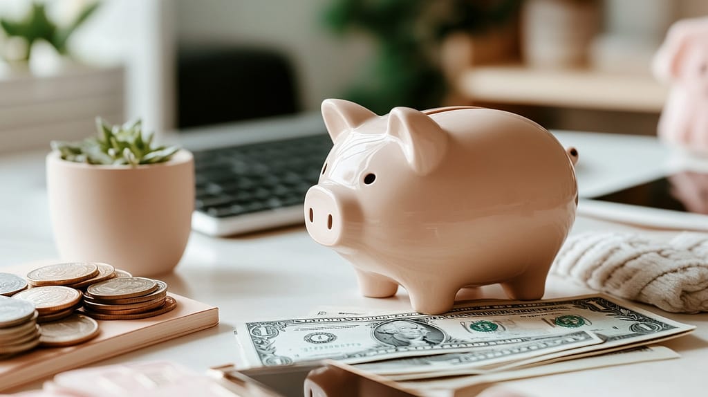 A classic ceramic piggy bank sits beside neatly arranged dollar bills and coins on a bright workspace. A small succulent in a blush pot adds life while a laptop blurs in the background. This minimalist financial wellness scene embodies intentional saving habits and thoughtful money management.