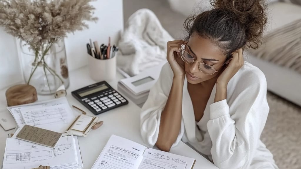 A thoughtful woman in a cozy white sweater adjusts her glasses while reviewing financial documents at her minimalist workspace. Her desk features a calculator, pampas grass in a clear vase, and neatly arranged planning materials. The scene captures the emotional weight of financial wellness and intentional money management in a serene, soft aesthetic.