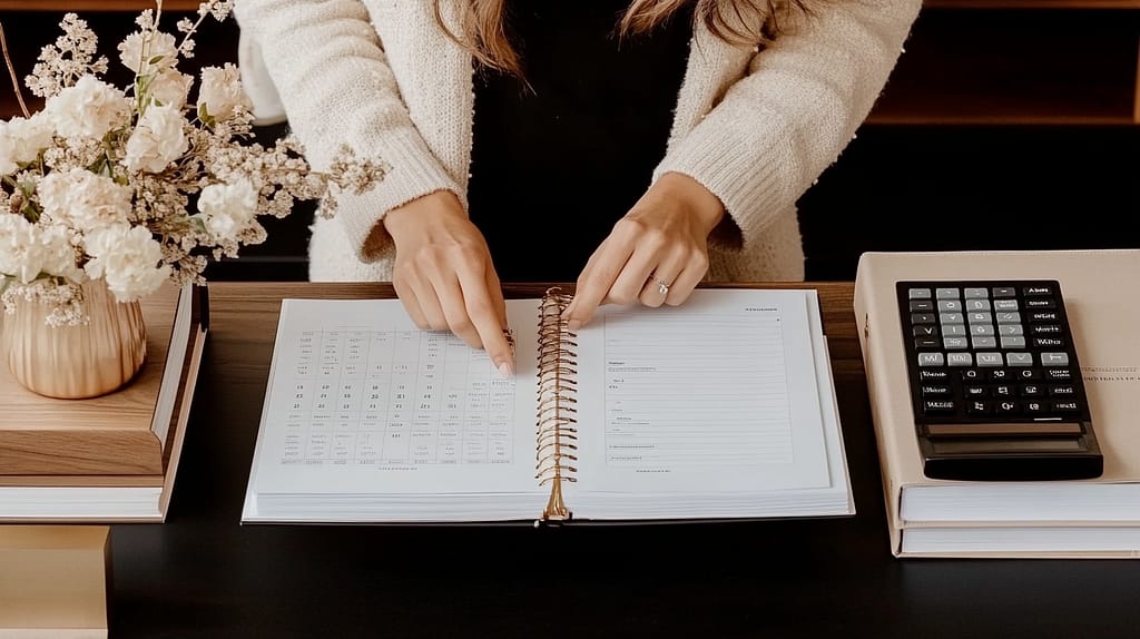 A woman in a crisp white blazer writes in a planner by a sunlit window adorned with pampas grass in a textured vase. Natural light illuminates her workspace as she creates intentional investment plans with clarity and purpose.