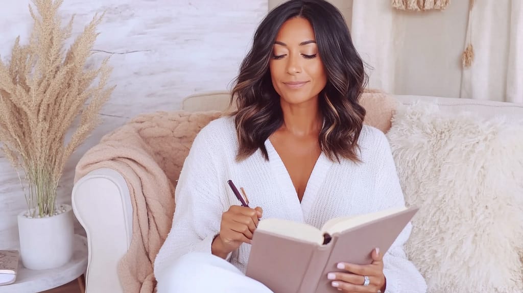 A serene woman in a soft white cardigan sits on a plush cream chair journaling in a blush notebook. Pampas grass in a white planter creates a peaceful backdrop against textured wall hangings, reflecting the process of transforming money mindset through intentional reflection.