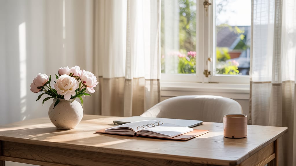 A sunlit desk with an open notebook, a closed laptop, a mug, and a vase of pink flowers sits in front of a bright window with sheer curtains. The calm, inviting scene inspires fulfilling work and celebrates simple living.