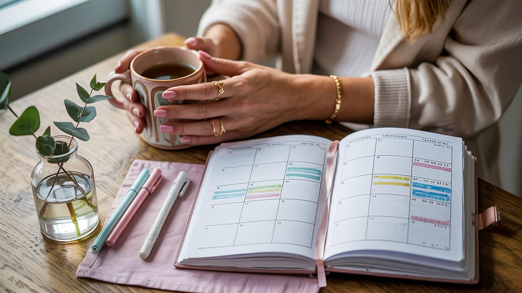 A person holding a mug of coffee sits at a wooden table with an open planner, surrounded by pens and a small vase with greenery. The scene suggests simple living and organizing for fulfilling work in a calm, intentional space.