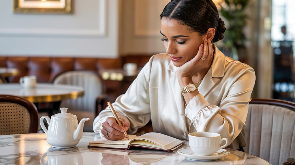 A woman in a satin blouse sits at a table in a stylish caf&eacute;, enjoying simple living as she writes in her notebook. With a teapot and cup of tea beside her, she appears relaxed and focused on her fulfilling work.