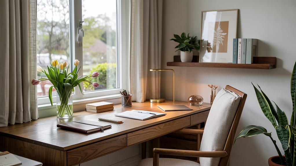 A tidy home office with a wooden desk near a window, decorated with tulips, books, and a modern lamp, creating a bright space that inspires fulfilling work and embraces the calm of simple living.