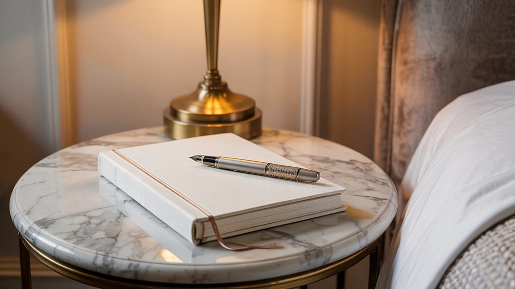An elegant bedside setting with a luxurious linen-covered journal and fine pen resting on a marble side table. A dimmable bedside lamp casts a soft glow over the scene.