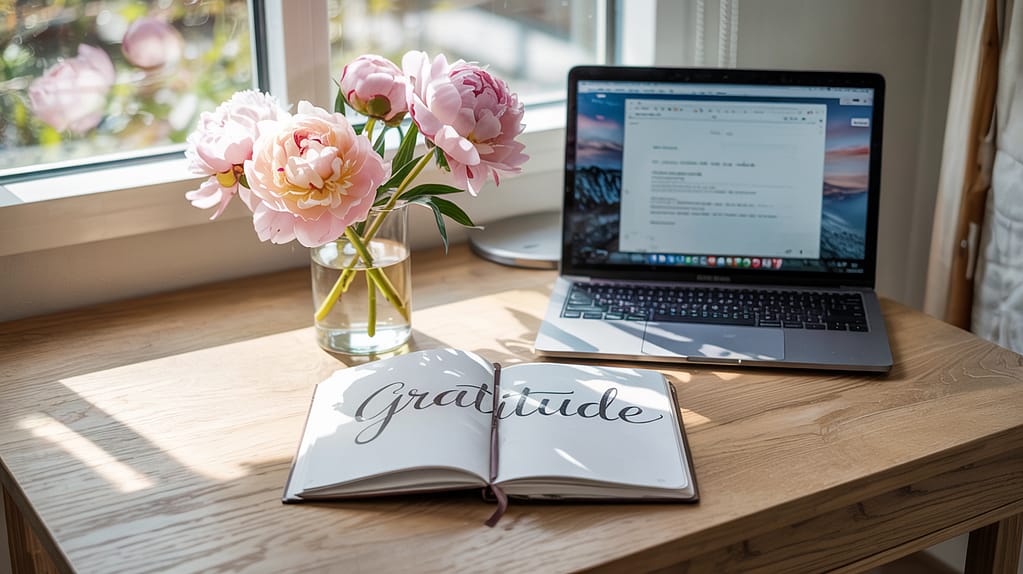 A sophisticated workspace featuring a minimalist desk with a leather-bound gratitude journal open beside a laptop. A small vase with fresh flowers adds a touch of natural beauty.