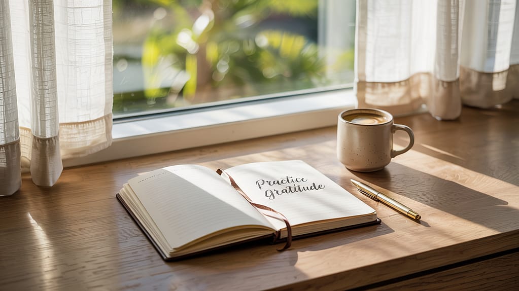 A peaceful morning scene with soft natural light streaming through sheer curtains onto a minimalist desk setup. A luxurious leather-bound gratitude journal rests open next to a steaming ceramic mug, with delicate gold pen nearby.