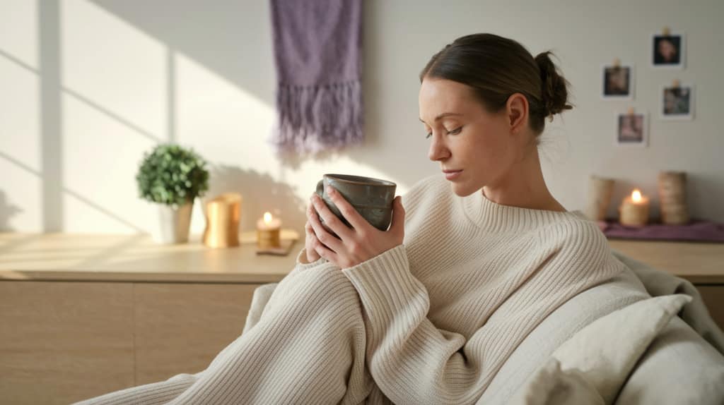 A woman in a cozy beige sweater sits indoors, eyes closed, peacefully holding a mug. Soft sunlight streams in, illuminating candles, a plant, and photos on a wooden shelf—reflecting the calm of rest vs hustle culture.