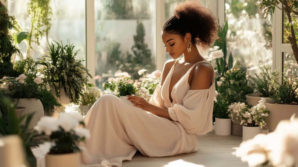 A woman in a flowing, off-shoulder cream dress sits on the floor in a sunlit room surrounded by lush potted plants and flowers, embodying rest vs hustle culture as she thoughtfully embraces calm amid the gentle natural light.