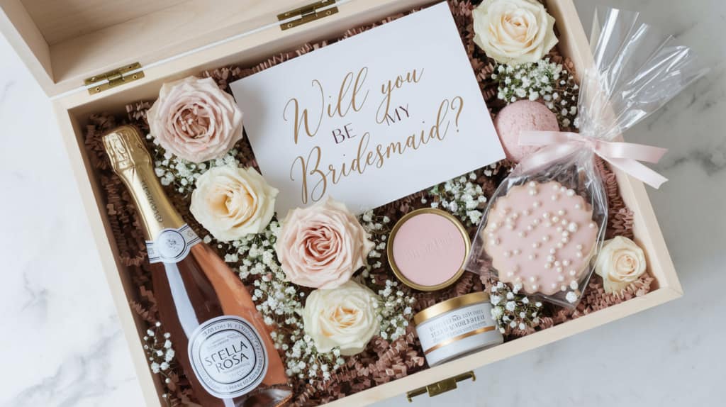 A wooden gift box with roses, a “Will you be my bridesmaid?” card, a mini bottle of Stella Rosa wine, pink macaron, frosted cookie, candle, and body scrub jar—perfect for celebrating unforgettable bridesmaid qualities on a marble surface.