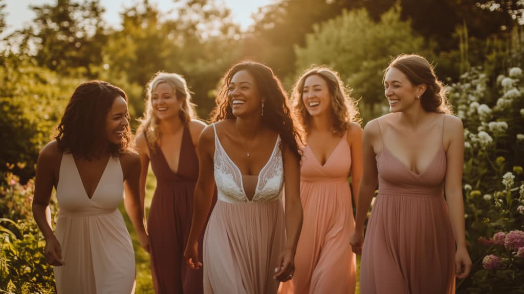 Five women in flowing, pastel-colored dresses walk together outdoors, sharing unforgettable bridesmaid qualities as they smile and laugh amidst lush greenery and flowers in warm, golden sunlight.
