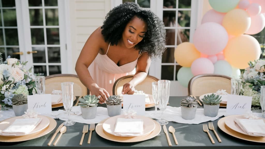 A woman in a pink dress arranges place settings at an elegant table adorned with succulents, flowers, and gold plates—showcasing unforgettable bridesmaid qualities. Pastel balloons float in the background near large windows and a white building.