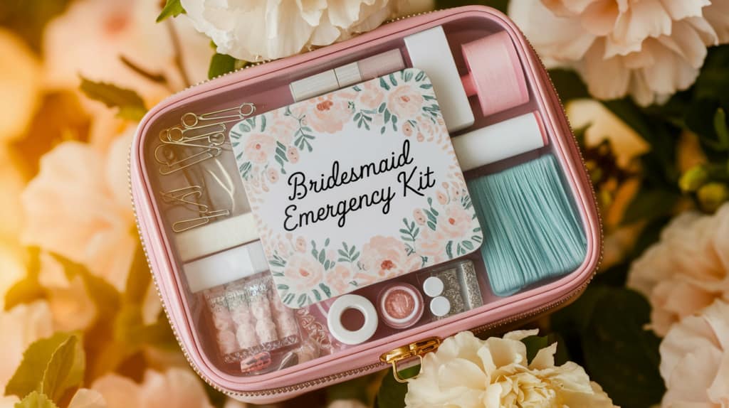 A pink box labeled Bridesmaid Emergency Kit sits open among pale flowers, revealing safety pins, thread, buttons, a sewing kit, and other small supplies—ready to support all the unforgettable bridesmaid qualities needed on the big day.