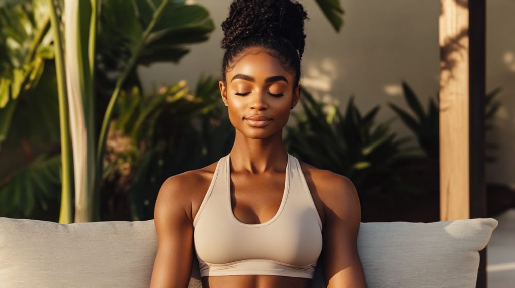 A woman in athletic wear sits peacefully on an outdoor sofa, surrounded by lush green plants. Sunlight softly illuminates her as she meditates, embracing rest vs hustle culture and savoring a calm moment away from daily demands.
