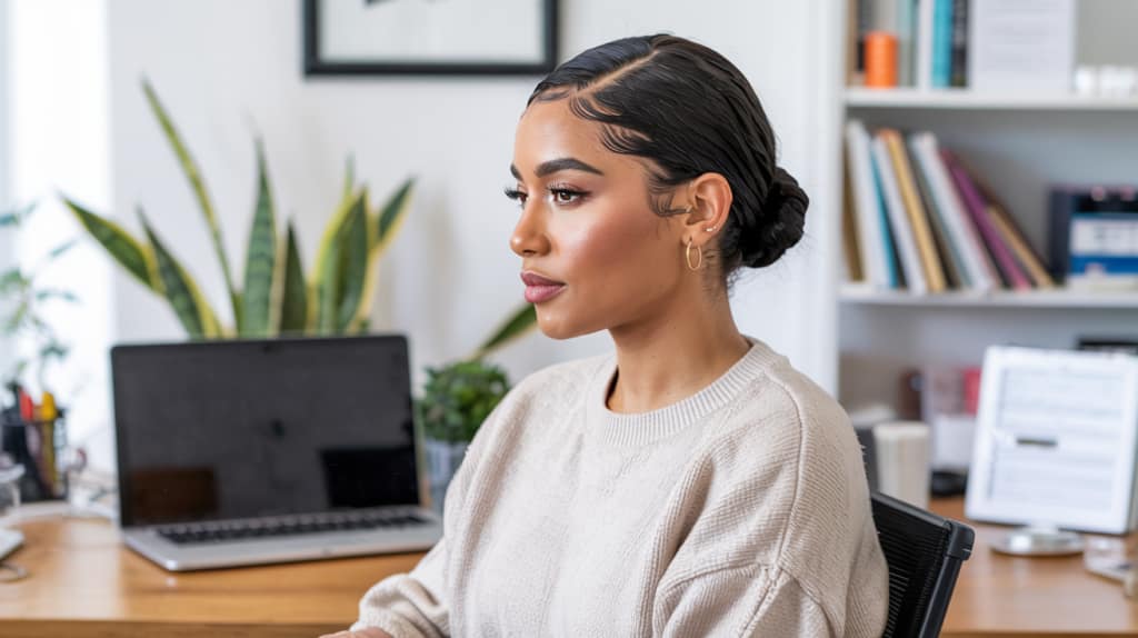 A woman with slicked-back hair in a bun—reflecting the History of Clean Girl Aesthetic—sits at a desk in a home office, wearing a beige sweater. A laptop, books, and a plant sit behind her as she looks focused and attentive.