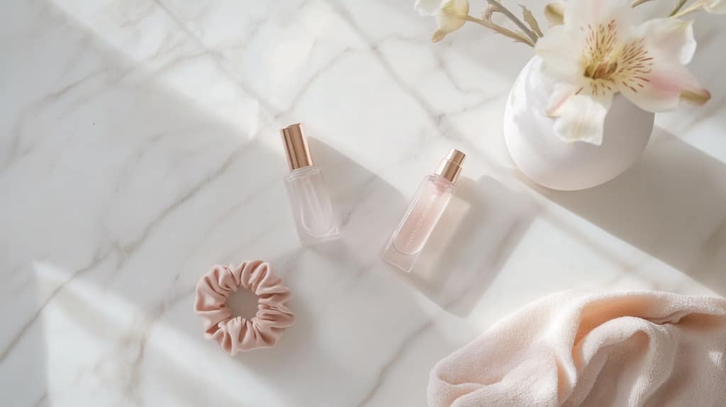 Clean girl aesthetic flatlay featuring minimal beauty products on marble surface with gold accessories