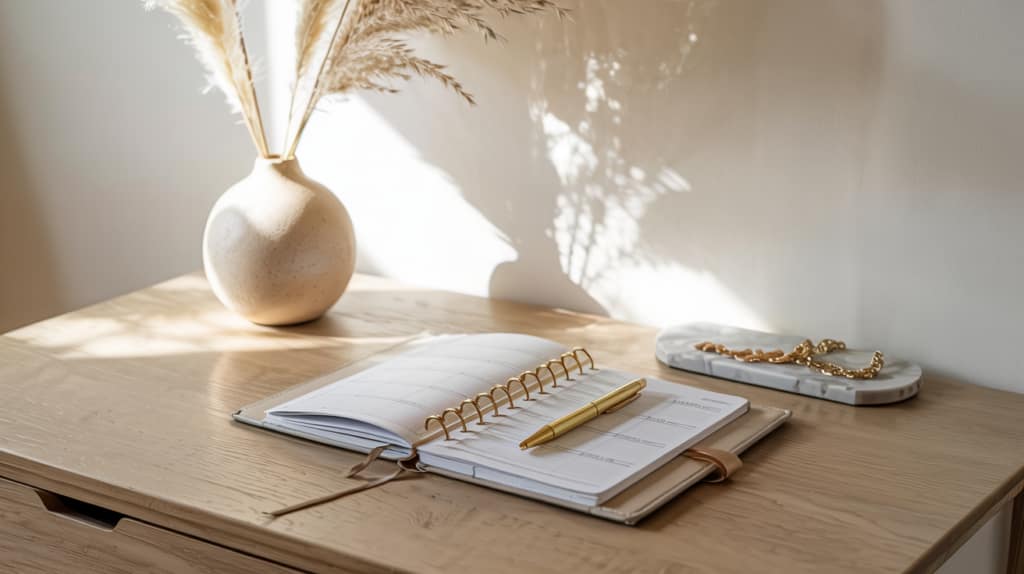 Minimal workspace with clean girl aesthetic featuring oak desk, pampas grass, planner and gold accessories