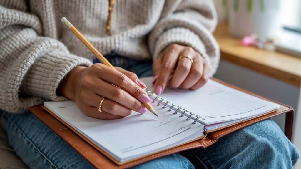 A person wearing a beige sweater and jeans writes in a planner with a pencil. Their hands, adorned with rings, rest on the open pages as they track their scripture-based cycle syncing routine, planner laid out on their lap.