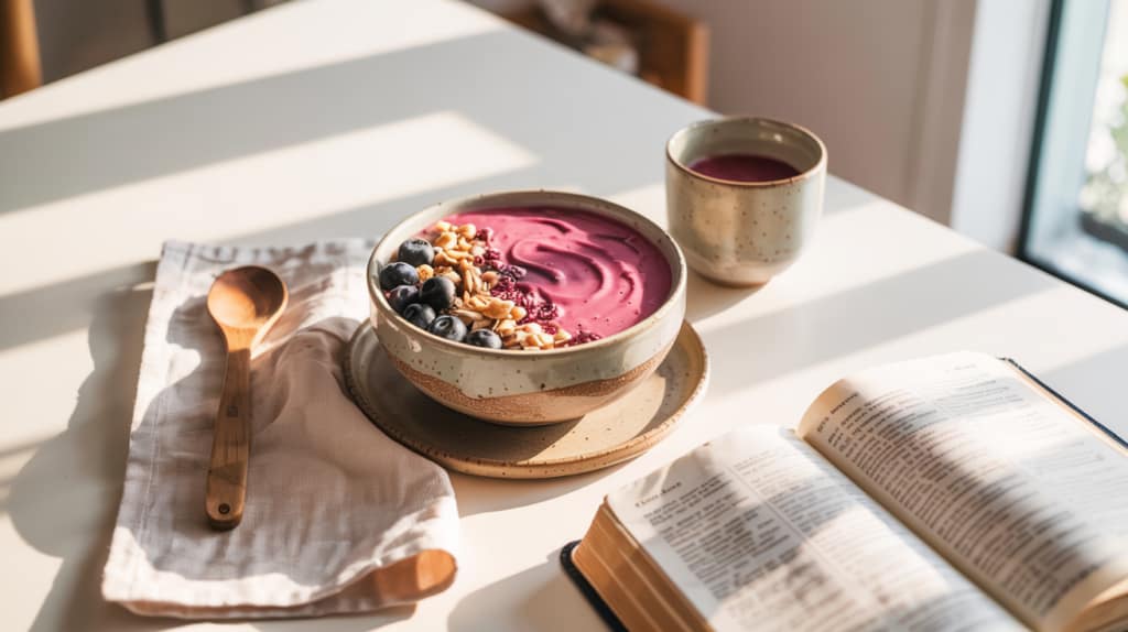 A bowl of bright pink smoothie topped with granola and blueberries sits alongside a cup, wooden spoon, and an open book in warm sunlight—perfect for enjoying your morning scripture-based cycle syncing routine.