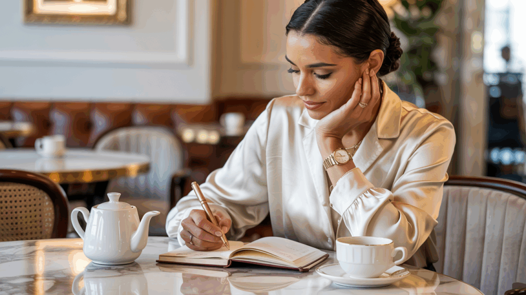 A woman in a satin blouse sits at a table in a stylish café, enjoying simple living as she writes in her notebook. With a teapot and cup of tea beside her, she appears relaxed and focused on her fulfilling work.