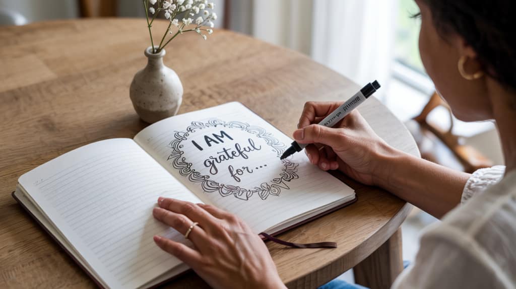 A close-up of elegant hands holding an open journal with a beautifully designed gratitude prompt page. Natural morning light creates a warm glow across the scene, while a small bud vase with a single stem of baby's breath sits nearby.